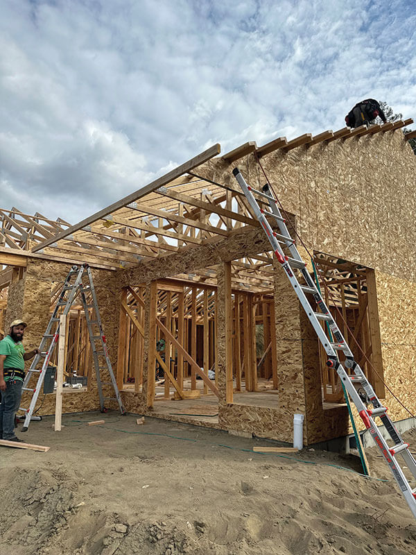 Wall framing in progress with ladder on a new residential build in Eastern Washington